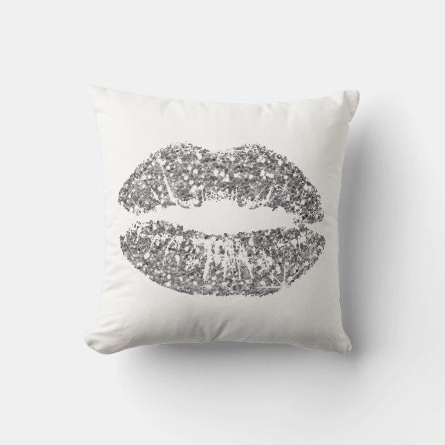 White Grey Silver Glitter Kiss Lips Makeup Sparkly Cushion (Front)