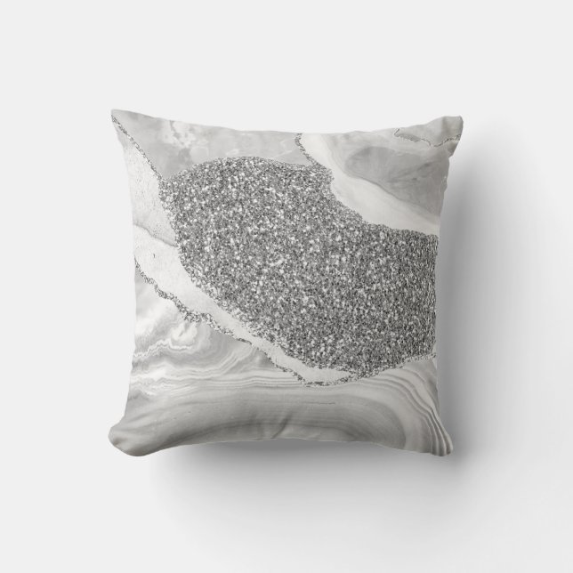 White Grey Silver Glitter Luxury Agate Geode Cushion (Front)