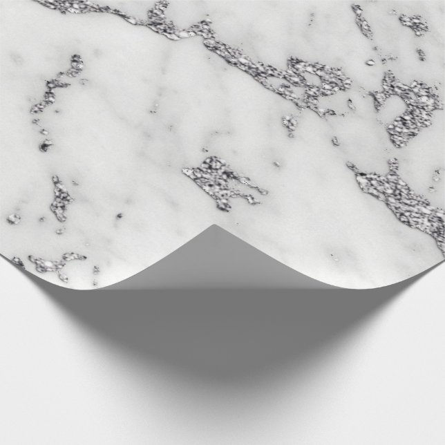 White Grey Silver Glitter Metallic Carrara Marble Wrapping Paper (Corner)