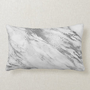 White Grey Silver Monochromatic Marble Glam Lumbar Cushion