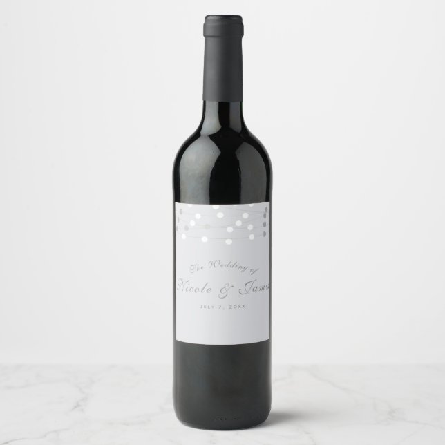 White Grey String Lights Modern Chic Wedding Wine Label (Front)