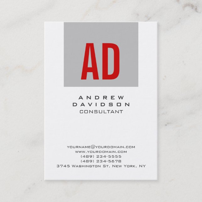 White Grey Stripe Red Monogram Business Card (Front)