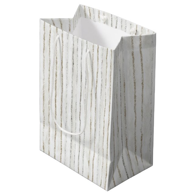 White Grey Stripes Wedding Medium Gift Bag (Front Angled)