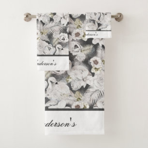 White Grey Swans Flowers Floral Elegant Stylish Bath Towel Set