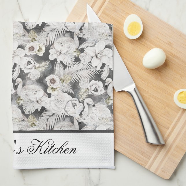 White Grey Swans Flowers Floral Elegant Stylish   Tea Towel (Quarter Fold)