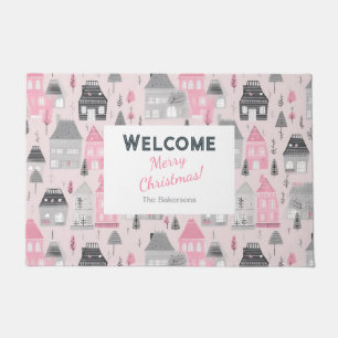 White Grey Vintage Christmas Houses on Pink Doormat