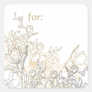 White Grey Vintage Golden Floral Elegant Scroll Square Sticker