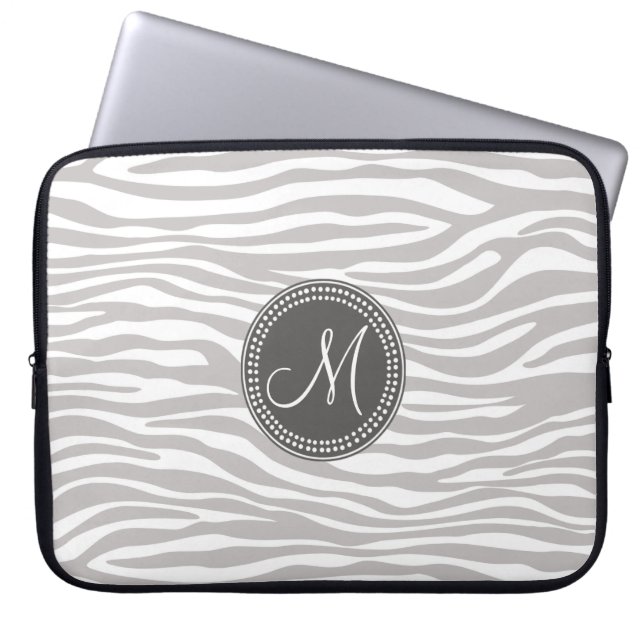 White & Grey Zebra Monogram Pattern Laptop Sleeve (Front)