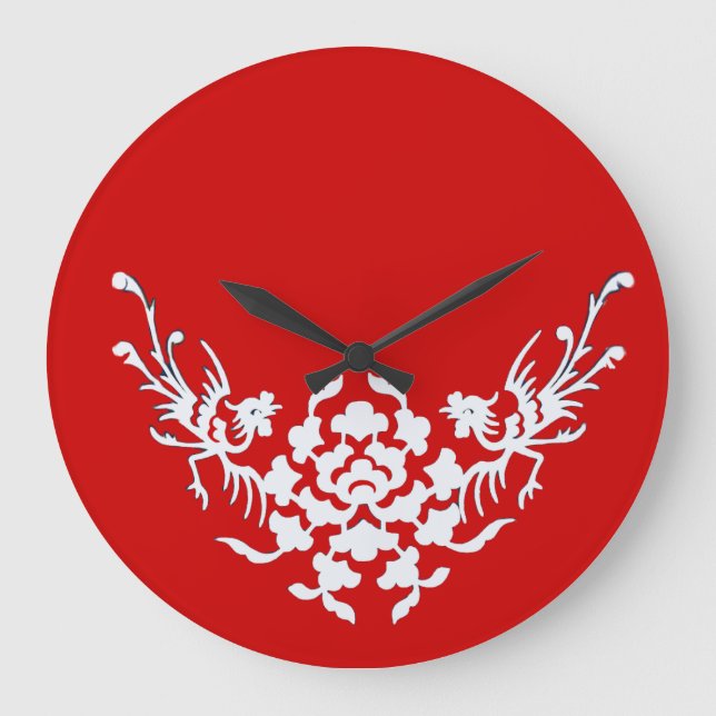 WHITE GRIFFINS AND FLOWERS IN RED LARGE CLOCK (Front)