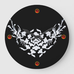 WHITE GRIFFINS AND FLOWERS ,Red Ruby Gem Stone Large Clock