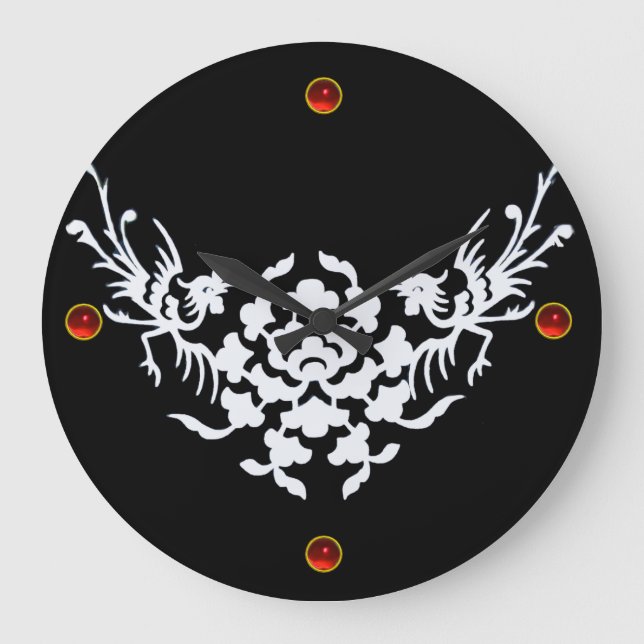 WHITE GRIFFINS AND FLOWERS ,Red Ruby Gem Stone Large Clock (Front)