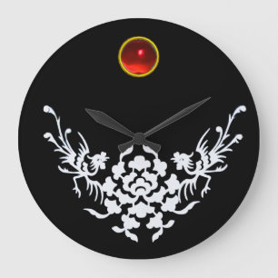 WHITE GRIFFINS AND FLOWERS ,Red Ruby Gem Stone Large Clock