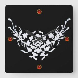 WHITE GRIFFINS AND FLOWERS,Red Ruby Gem Stone Square Wall Clock