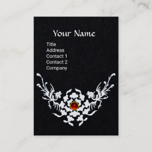 WHITE GRIFFINS,RED GEM FLORAL MONOGRAM Black Paper Business Card