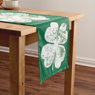 White Grungy Four-Leaf Clover on Green Ground Short Table Runner