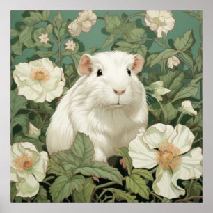 White Guinea Pig Floral background Poster