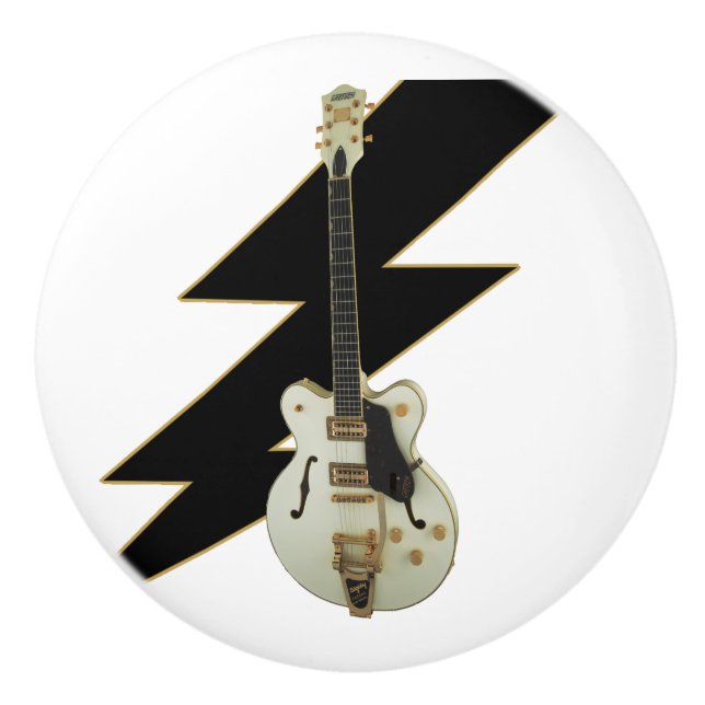 White Guitar With Black Lightning Bolt Ceramic Pul Ceramic Knob (Front)