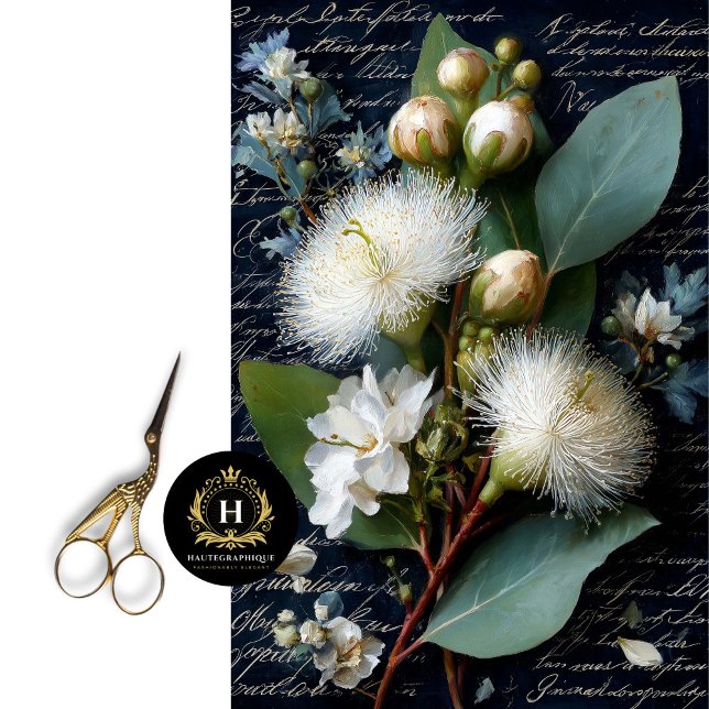 White Gumnut and Blue Green Blossom Decoupage Tissue Paper (Add Elegance to Table Legs or Desk Sides)