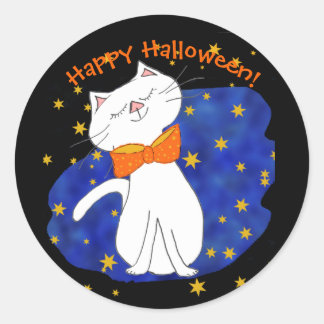 White Halloween Cate Blue Starry Night Classic Round Sticker