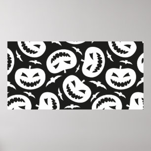 White halloween pumpkins and bats isolated on blac poster