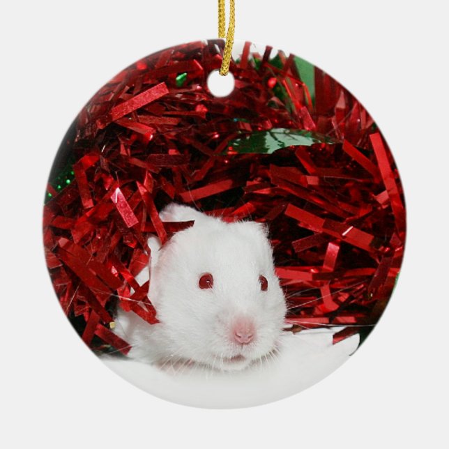 White hamster Christmas Ceramic Tree Decoration (Front)