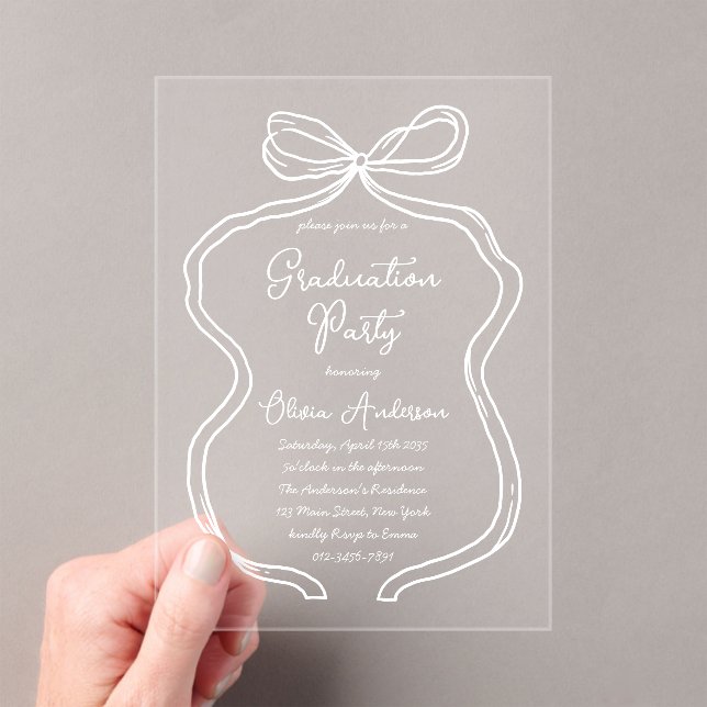 White Hand Drawn Bow & Script Graduation Party Acrylic Invitations (Insitu (Handheld))