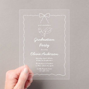 White Hand-Drawn Bow & Squiggle Graduation Party Acrylic Invitations