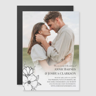 White Hand Drawn Flowers Photo Wedding Magnetic Invitation