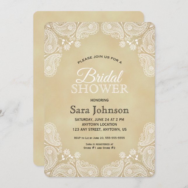 White Hand Drawn Paisley, Rustic Bridal Shower Invitation (Front/Back)