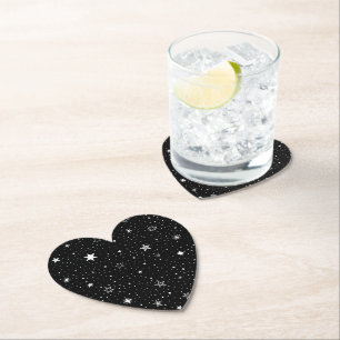 White Hand Drawn Stars On Black Paper Coaster