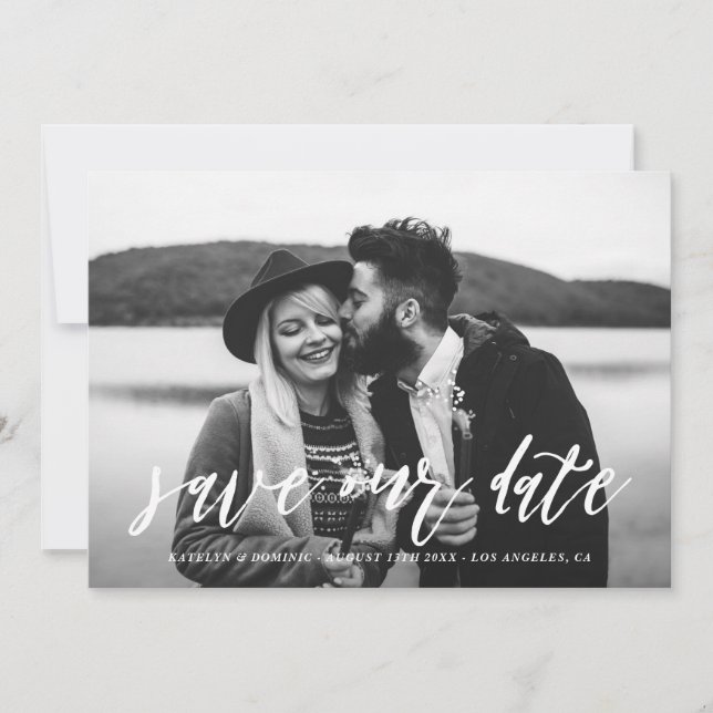 White Hand Lettered Script Photo Save the Date (Front)