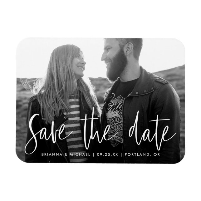White Hand-Lettered Script Photo Save the Date Magnet (Horizontal)