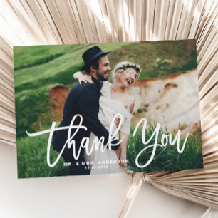 White Hand Lettering Modern Photo Wedding Thank You Card