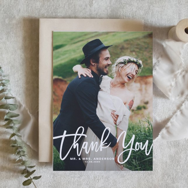 White Hand Lettering Photo Wedding Thank You Card (White Hand Lettering Photo Wedding Thank You Card)