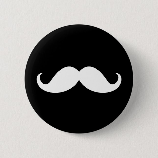 White handlebar moustache on black background 6 cm round badge (Front)