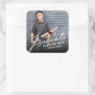 White Handwriting Graduate Script Modern Photo  Square Sticker