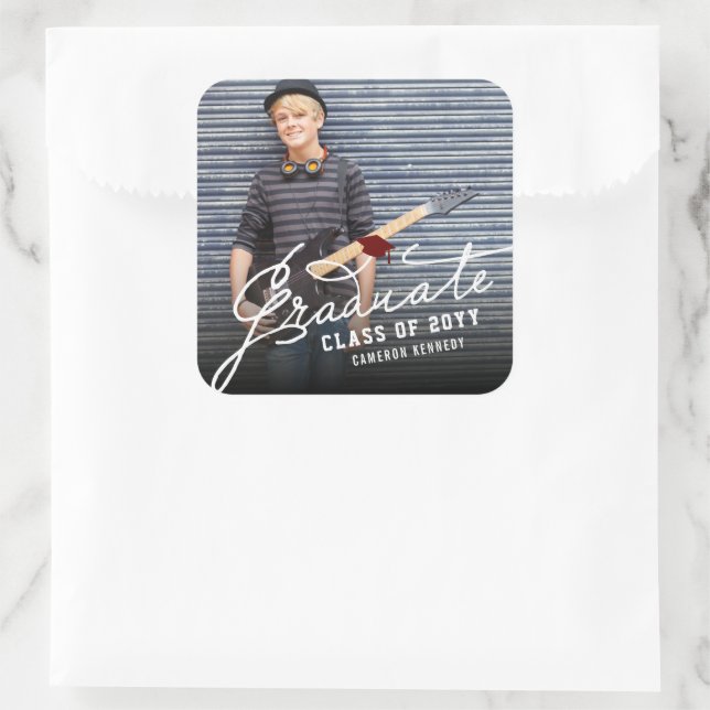 White Handwriting Graduate Script Modern Photo  Square Sticker (Bag)