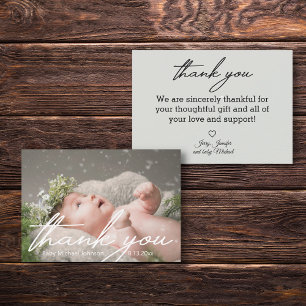 white handwriting thank you newborn boy photo  card