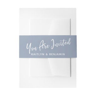 White Handwriting You Are Invited, Dusty Blue Invitation Belly Band