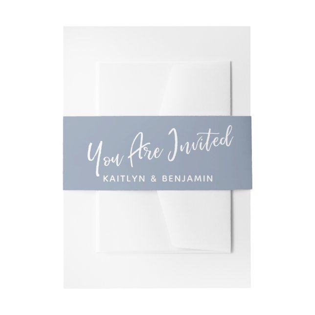 White Handwriting You Are Invited, Dusty Blue Invitation Belly Band (Front Example)