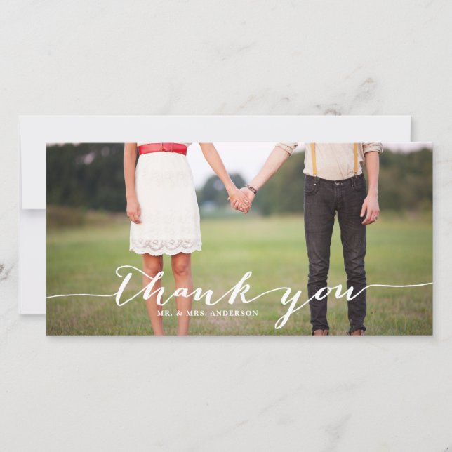 White Handwritten Script Wedding Thank You Photo Card (Front)