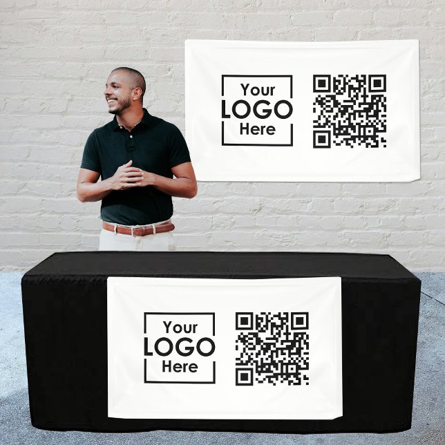 White Hanging Banner Sign Business Logo QR Code (White Hanging Banner Sign Business Logo QR Code)