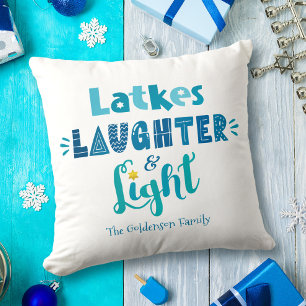 White Hanukkah Latkes Laughter Light Fun Blue Type Cushion
