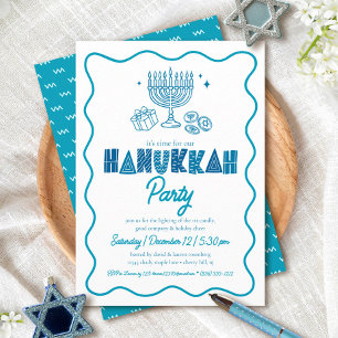 White Hanukkah Turquoise Typography Playful Doodle Invitation