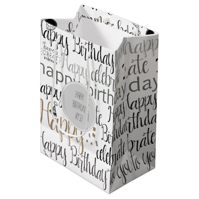 White Happy Birthday   Medium Gift Bag (Front Angled)