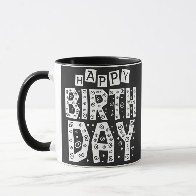 white happy birthday typography text mug (Left)