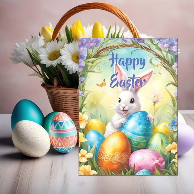 White Happy Easter Bunny with Colourful Eggs Holiday Card (Creator Uploaded)