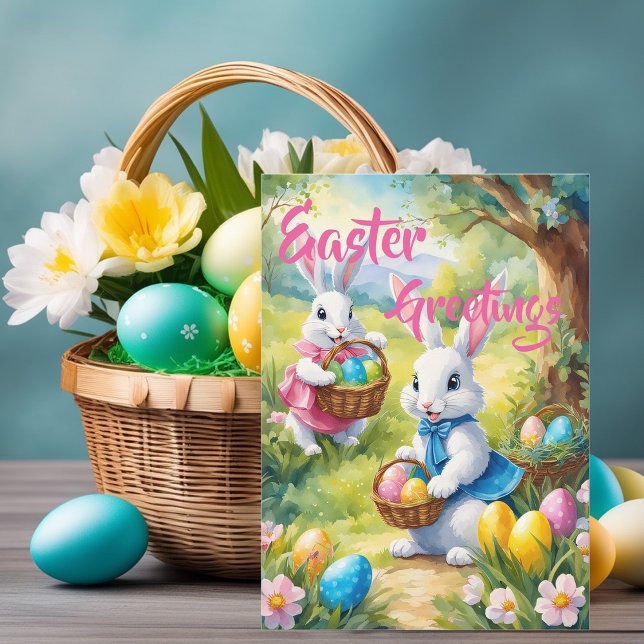 White Happy Easter Bunny with Eggs Holiday Card (Creator Uploaded)