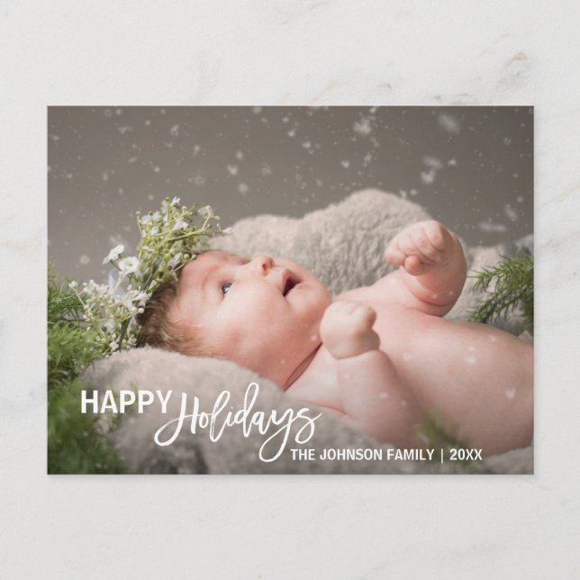 White Happy Holidays Baby First | add PHOTO Holiday Postcard (Front)