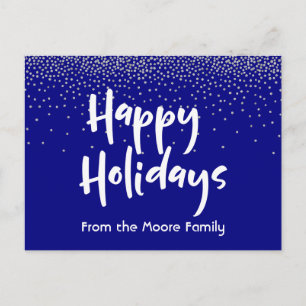 White Happy Holidays over Navy & Silver Confetti Holiday Postcard